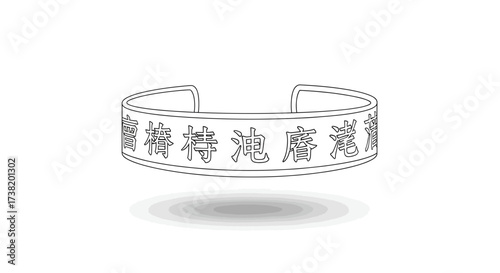 Stylized line drawing of a bangle bracelet featuring an Asian inscription aesthetic design