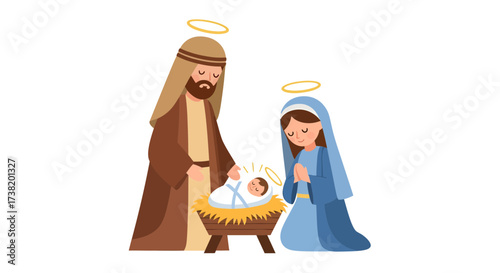Stylized nativity scene illustration depicting Joseph, Mary, and baby Jesus illustration