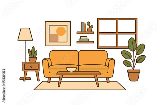 Cozy modern living room interior vector illustration with orange sofa, wooden coffee table, floor lamp, green potted plants, wall shelves, framed abstract art, and window, home decor set