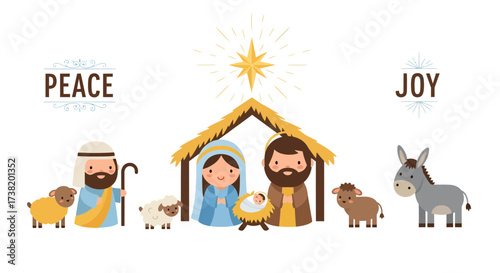 Stylized Nativity Scene with Peace and Joy Messages Depicted in a Cartoon Style Setting