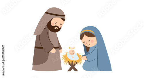 Stylized nativity scene illustration with soft pastel colors for holiday projects