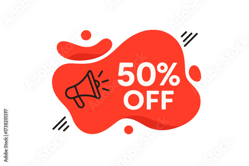 Sale 50% off modern banner. Special offer discount tag. Abstract fluid shape with megaphone for promotion. Red graphic design for advertising campaigns, marketing.