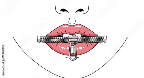 Symbolic expression of silence, featuring lips sealed shut with a striking zipper graphic