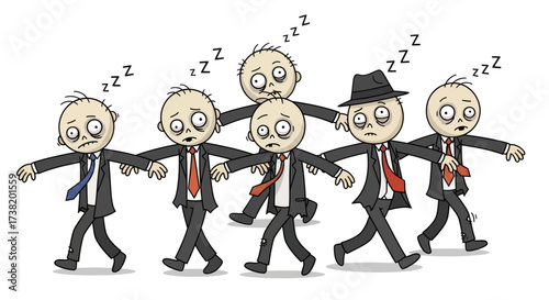 The walking exhausted: A humorous illustration of sleep-deprived office workers following each other