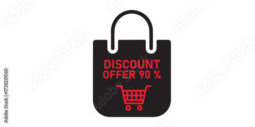 Black shopping bag with discount offer 90 percent and shopping cart icon