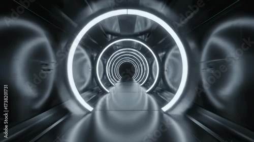 Futuristic dark tunnel with glowing white circular light rings