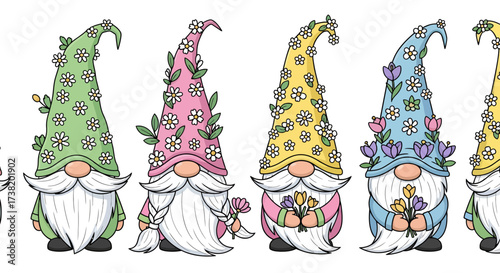 Whimsical parade of flower-crowned gnomes adorning festive spring hats in vibrant colors
