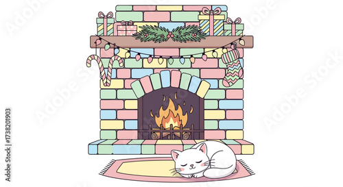 Whimsical pastel fireplace with a cozy feline companion radiating warmth and festive cheer