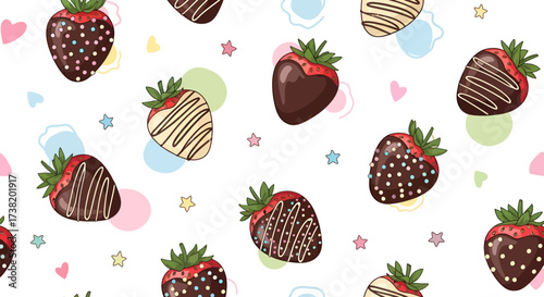 Whimsical pattern of chocolate covered strawberries with pastel shapes and star accents