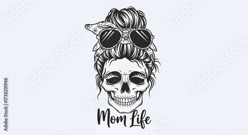 Whimsical skull artwork with a trendy bandana and sunglasses depicting motherhood complexities