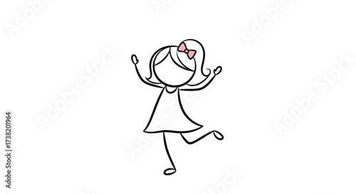 Whimsical stick figure girl with pink bow expressing joy and carefree spirit on white background