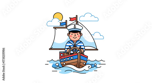 Whimsical voyage: Cartoon sailor steering ship under sunny skies and fluffy clouds illustration