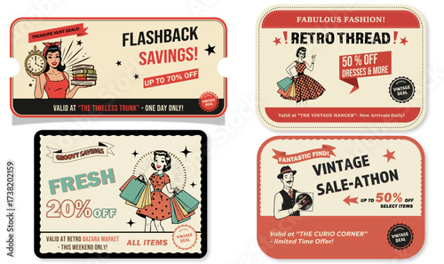 Coupons Design, Retro Old Vintage Coupon. Sale Tag. Coupon Templates. 4 Coupons Together. Typefaces Name Hidden Layer