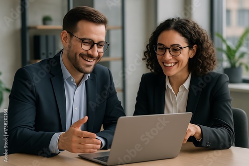 Two colleagues in business suits sharing a moment of laughter while looking at a laptop screen, in a contemporary office setting, friendly atmosphere, teamwork, success