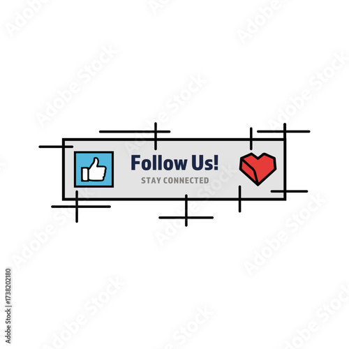 Social Media Follow Us Button Vector Illustration with Thumbs Up Like and Heart Icons on Minimalist Line Art Frame

