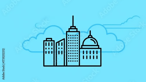 Stylized Outline of Modern City Skyline with Subtle Cloud Background Animation