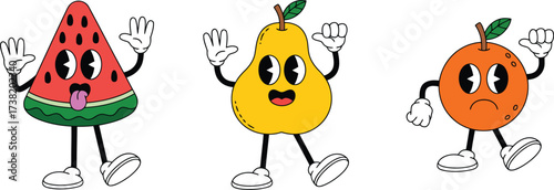 Groovy cartoon fruit characters bursting with vintage charm and playful personalities for a fun, retro vibe, perfect for whimsical designs and vibrant projects
