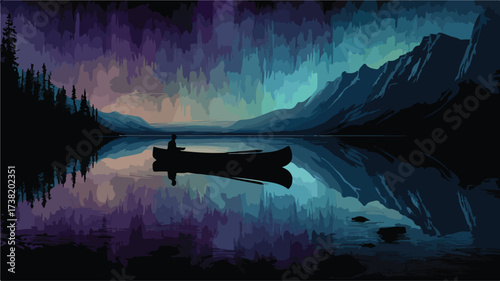 Tranquil Canoe on Lake Reflecting Auroras - Serene Nature Scene with Canoeing