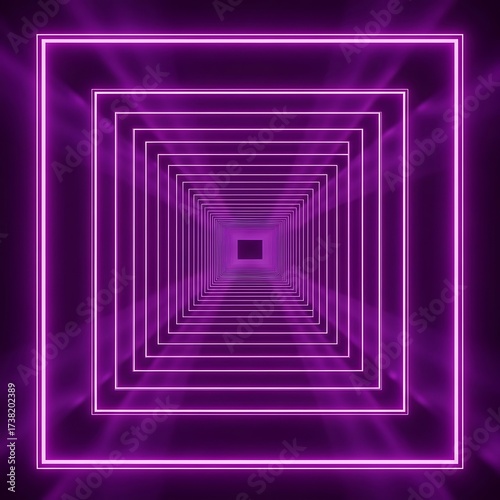 A vibrant purple neon tunnel with square frames, converging into the distance, creates an evocative, mesmerizing effect.