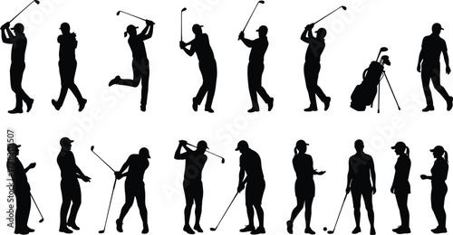 Golf silhouettes, swing poses, golf club action, standing golfers, sports movement, golfing stances, golf bag, outdoor activity, athletic motion, leisure sport