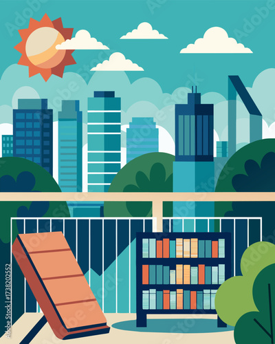 A peaceful reading corner on the librarys balcony offering a picturesque view of the city and powered by solar panels installed on the buildings facade.. Vector illustration