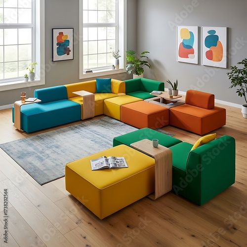 A brightly colored modular sectional sofa set, featuring teal, orange, mustard yellow, and emerald green cushions, sits attractively in a modern living room.