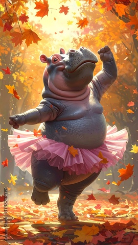Playful hippo in autumn leaves