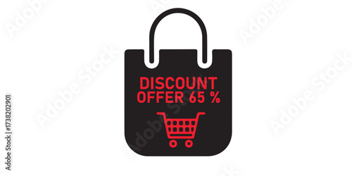 A black shopping bag with red text announcing a discount offer and a red shopping cart icon below.