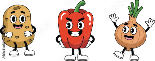 Cheerful cartoon vegetables invite you to cook up some fun and healthy meals with a playful potato, pepper, and onion character trio