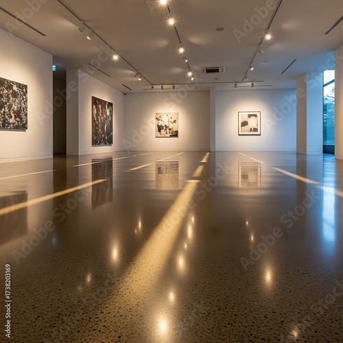 Polished concrete floor showcasing multiple art exhibits in a modern gallery.