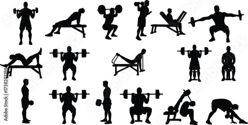 Weightlifting silhouettes, gym workout poses, strength training illustration, dumbbell and barbell exercises, fitness routine vector, bodybuilding icons, resistance movement design