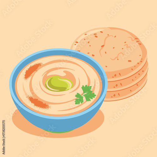 Hummus dip in a bowl with pita bread