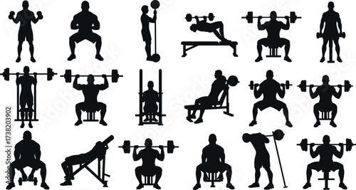 Weightlifting exercise silhouettes, gym workout poses, strength training movements, fitness routine illustration, dumbbell and barbell exercises, bodybuilding vector icons