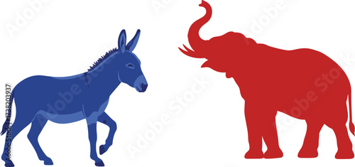 Democrat donkey, Republican elephant, political animals, USA politics, election debate, bipartisan conflict, red blue symbolism, party icons, American democracy, illustration