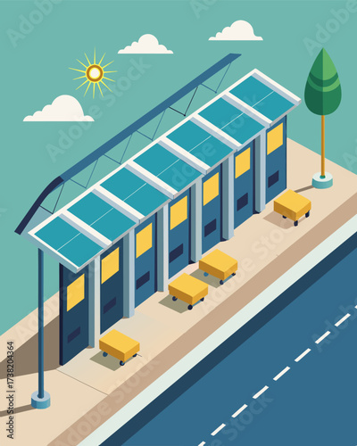A row of solarpowered shelters lined the sidewalk ensuring that commuters had access to charging stations no matter where they were.. Vector illustration