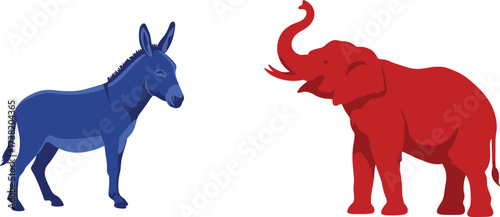 Democrat donkey, Republican elephant, political symbols, USA politics, bipartisan debate, election concept, American democracy, red vs blue, party rivalry, illustration