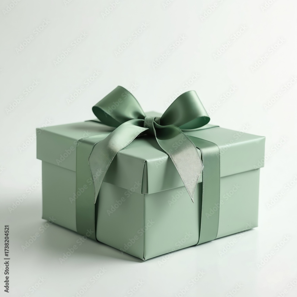 Fototapeta premium Sage green gift box tied with ribbon on white. Modern present for holiday. Stylish box perfect for xmas gift or birthday. Luxury package with festive bow isolated for special occasion.