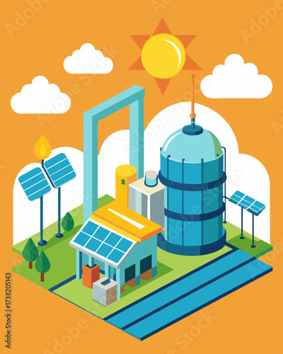 A stateoftheart desalination plant powered by the suns energy stands as a symbol of progress in the fight against water scarcity and the need for sustainable solutions.. Vector illustration