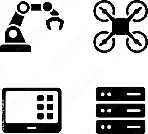 Vector depicting robotic arm drone tablet and server icons in a technological display