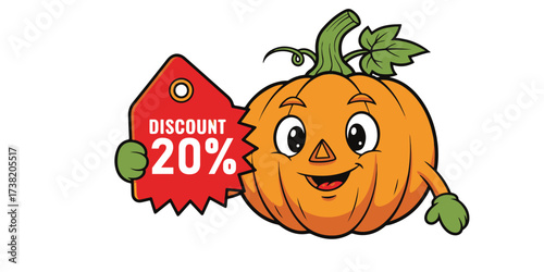 A cheerful cartoon pumpkin character with arms and legs holds a red discount tag showing 20 percent off. Perfect for Halloween sales.