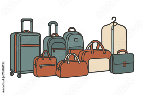 Collection of various travel luggage bags and suitcases for vacation or business trips