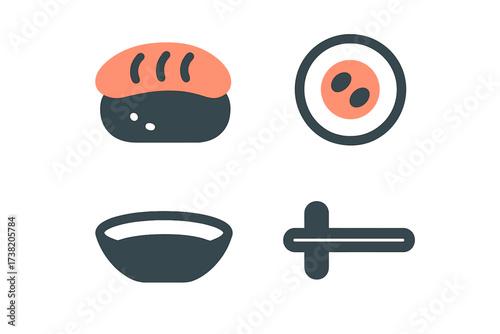 Minimalist Japanese food icons including sushi, maki, bowl, and chopsticks