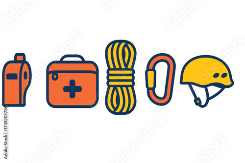 Outdoor adventure and safety equipment including whistle, first aid kit, rope, carabiner, and helmet
