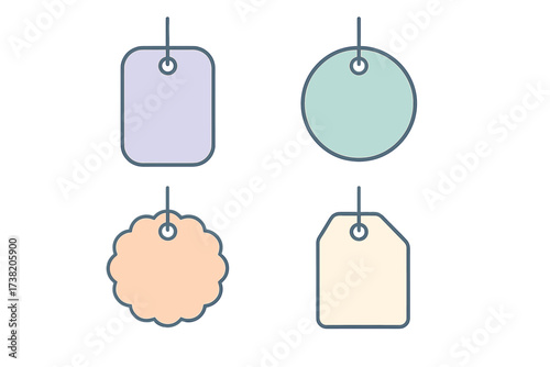 Collection of blank price tags with various shapes and soft pastel colors for retail