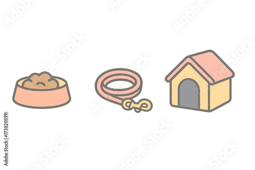 Essential pet care items including a food bowl, leash, and dog house