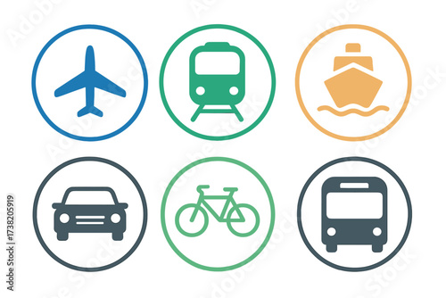 Modern flat design icons representing various modes of transportation and travel