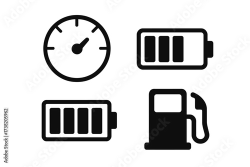 Speedometer, battery charge, and gas pump symbols for status indication