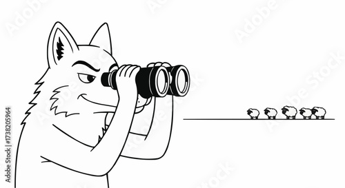 Sly wolf observes sheep through binoculars with mischievous grin, adding a playful touch to strategic planning themes