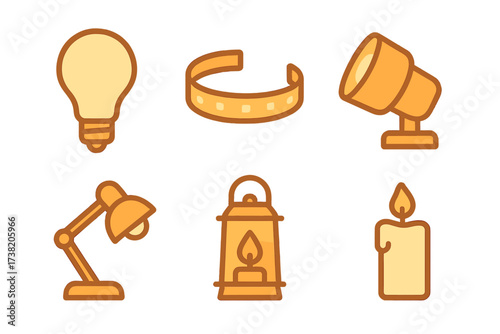 Collection of diverse light sources including bulb, strip, spotlight, lamp, lantern, and candle