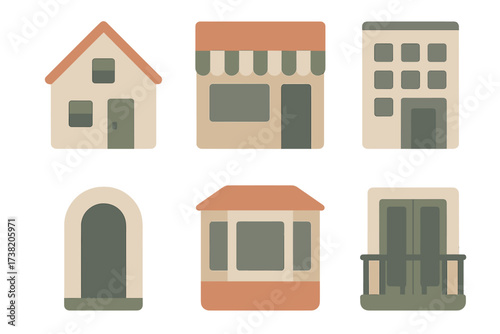 Collection of minimalist architectural icons featuring various building types and urban elements